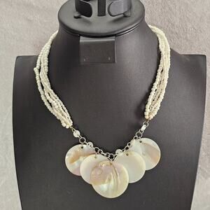 Mother of Pearl Shell Disc Necklace Multi Strand White Seed Bead Statement Boho